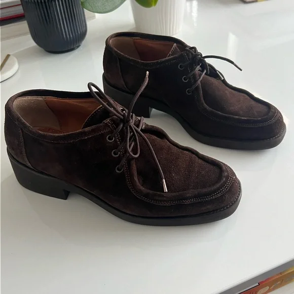 RARE VINTAGE Joan Helpern Brown Suede Laced Loafers Derbys 90s Y2K Joan & David - Picture 2 of 11